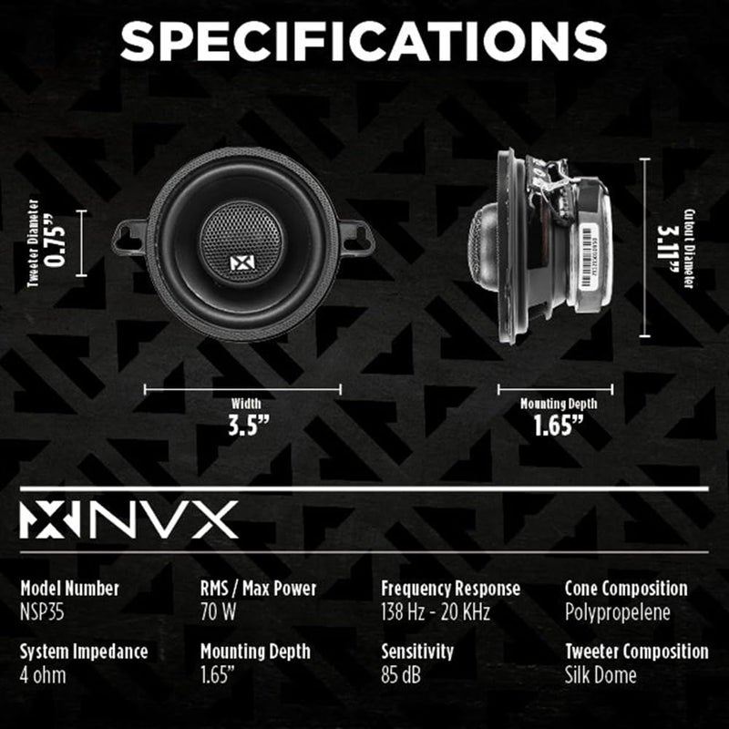 NVX NSP35 3.5" Car Speakers, 200W Max, 70W RMS, 2-Way Coaxial w/Silk Dome Tweeters & Built-in X-Overs, Easy to Install in Cars/Trucks/Doors (Pair) - Image 3
